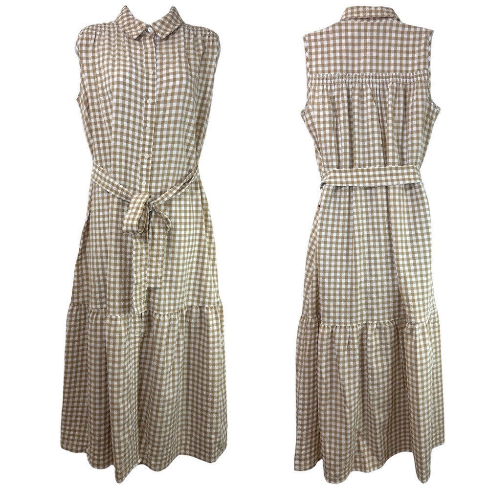 New Tommy Hilfiger Women's Gingham Sleeveless Maxi Dress Tan‎ White Size 4 NWT